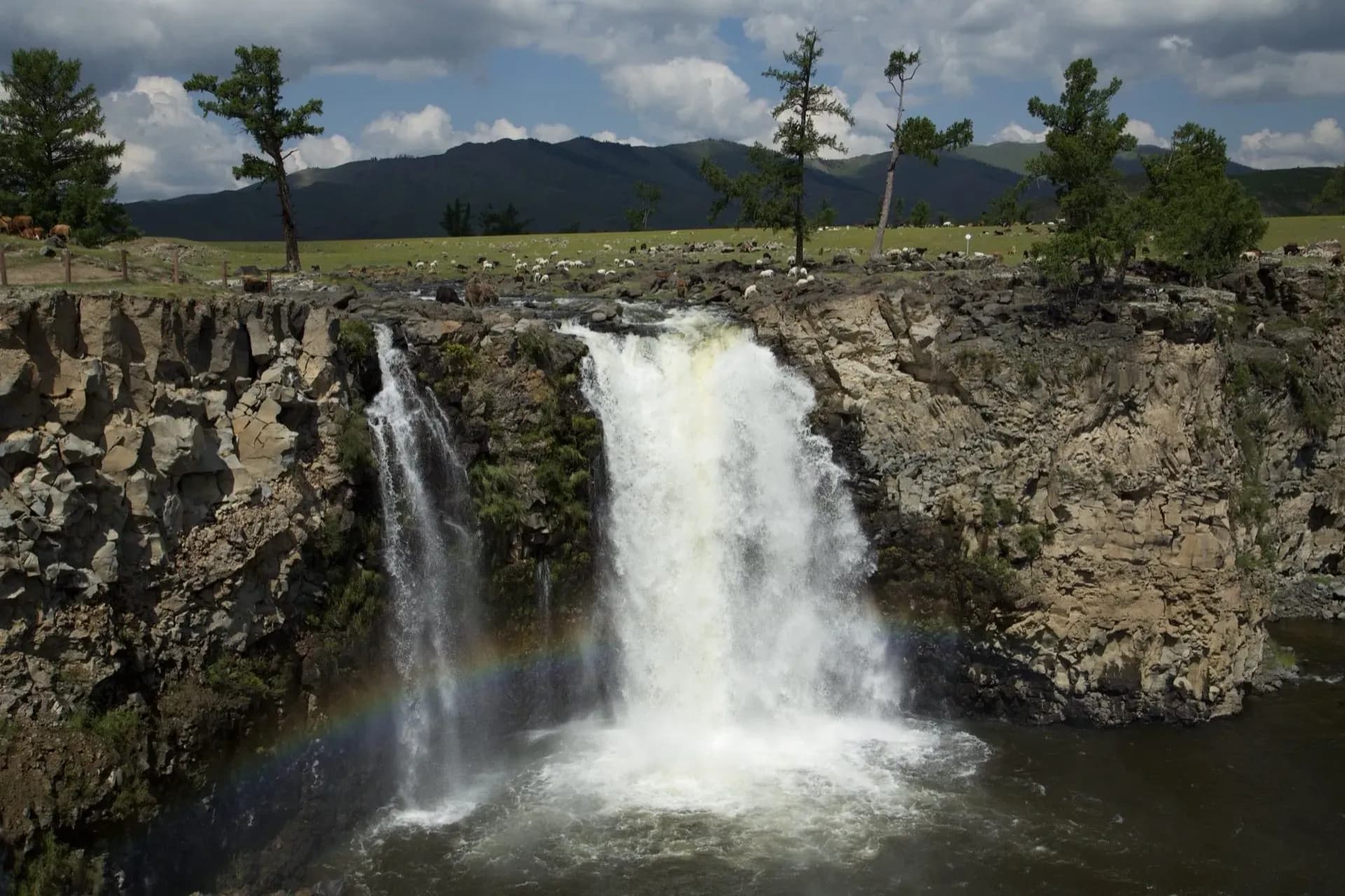 Orkhon waterfall with rainbow